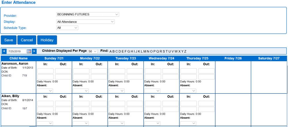 An image showing authorized children attendance for the week